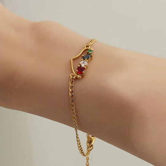 Palestine Map Bracelet - Flag Colored Stones | Silver & Gold
