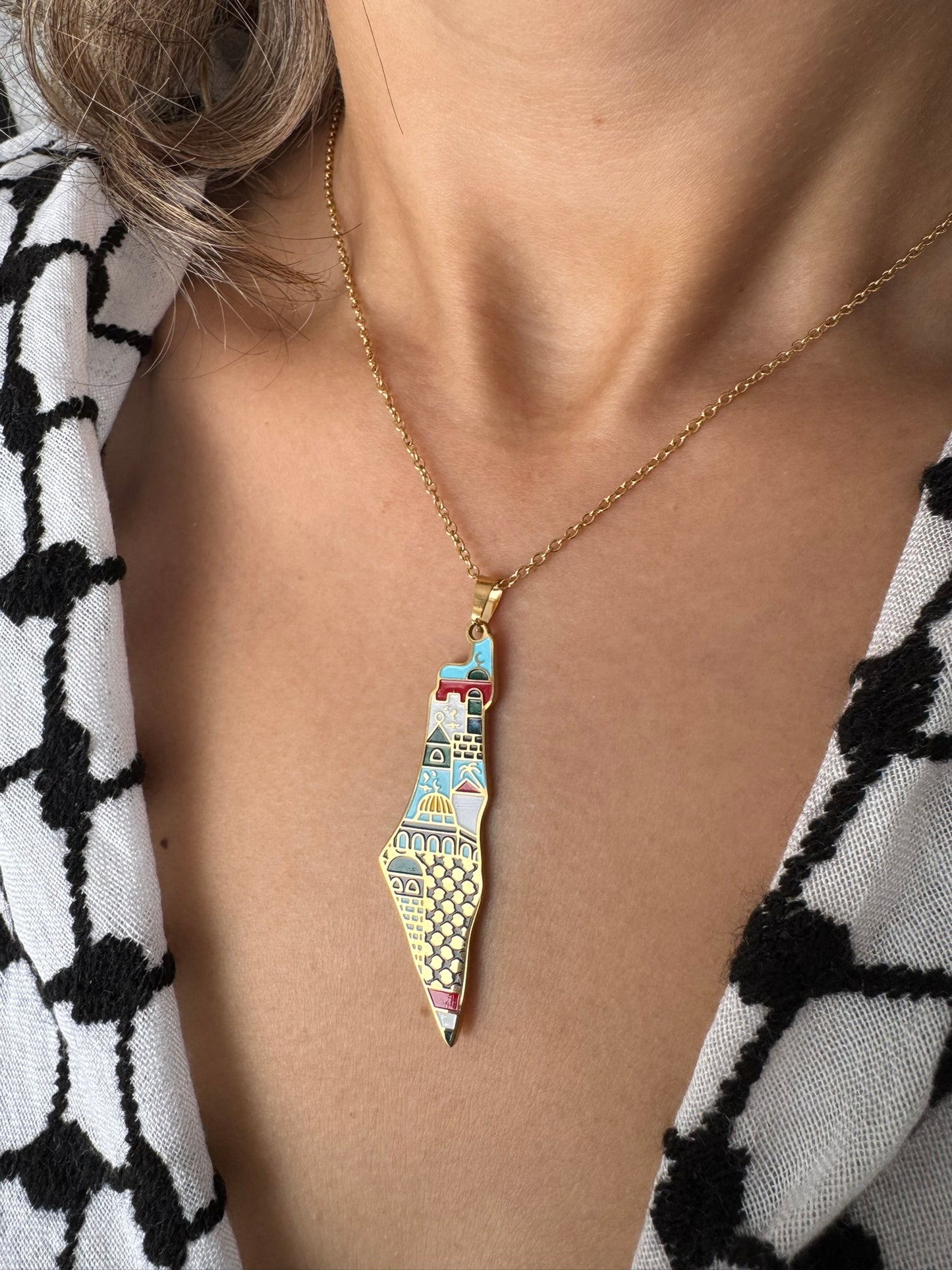 Palestine Map Necklace | Landmark Enamel Design – Stainless Steel & 18k Gold Plated - Palestine Jewelry