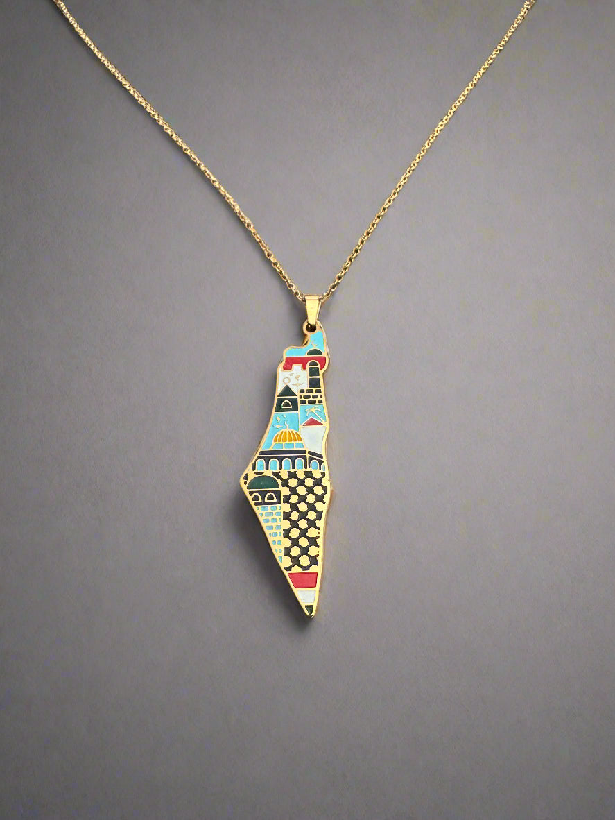 Palestine Map Necklace | Landmark Enamel Design – Stainless Steel & 18k Gold Plated - Palestine Jewelry