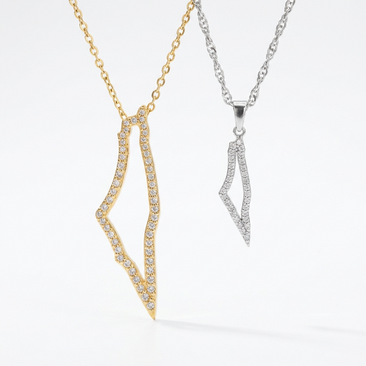 Palestine Map Outline Necklace | Crystal Pavé Design – Stainless Steel & 18K Gold Plated - 2 Sizes