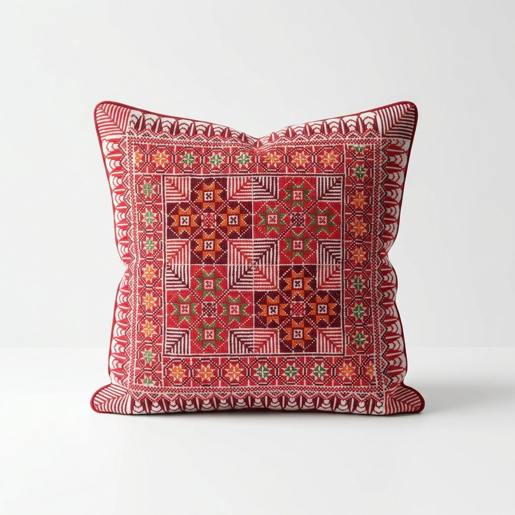 Red Handmade Tatreez Cushion Cover – 16x16" – February 2026 Edition