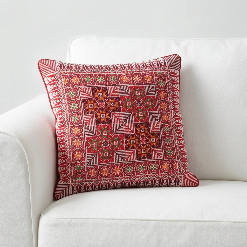 Red Handmade Tatreez Cushion Cover – 16x16" – February 2026 Edition