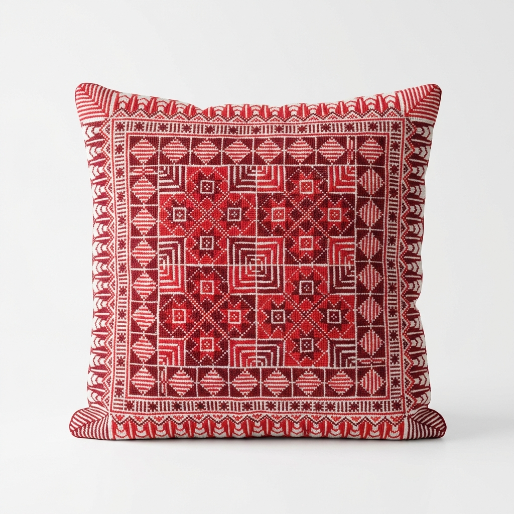 Red Handmade Tatreez Cushion Cover – 16x16" – February 2026 Edition
