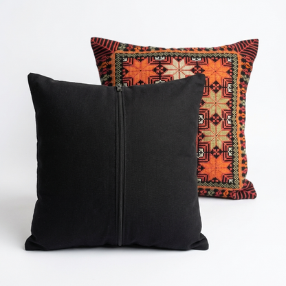 Red & Orange Tatreez Cushion Cover on Black Base – Palestinian Textile