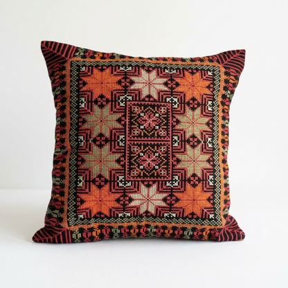 Red & Orange Tatreez Cushion Cover on Black Base – Palestinian Textile