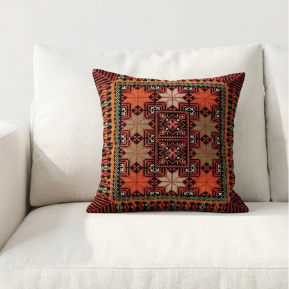 Red & Orange Tatreez Cushion Cover on Black Base – Palestinian Textile