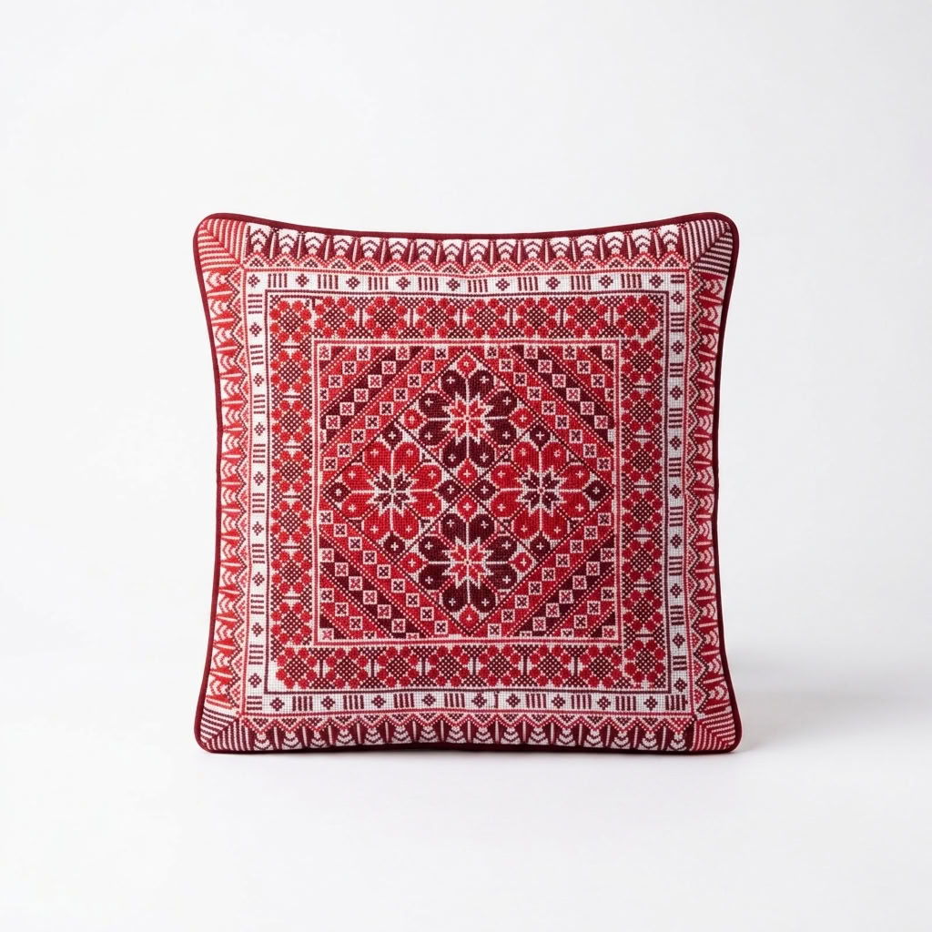 Red Hand-Stitched Tatreez Cushion Cover - Fall 2026 Edition