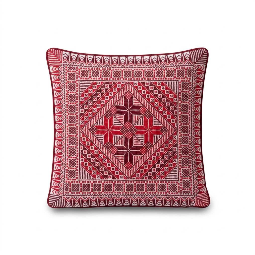 Red Hand-Stitched Tatreez Cushion Cover - Fall 2026 Edition