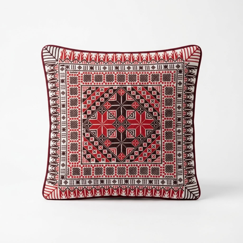 Red Hand-Stitched Tatreez Cushion Cover - Fall 2026 Edition