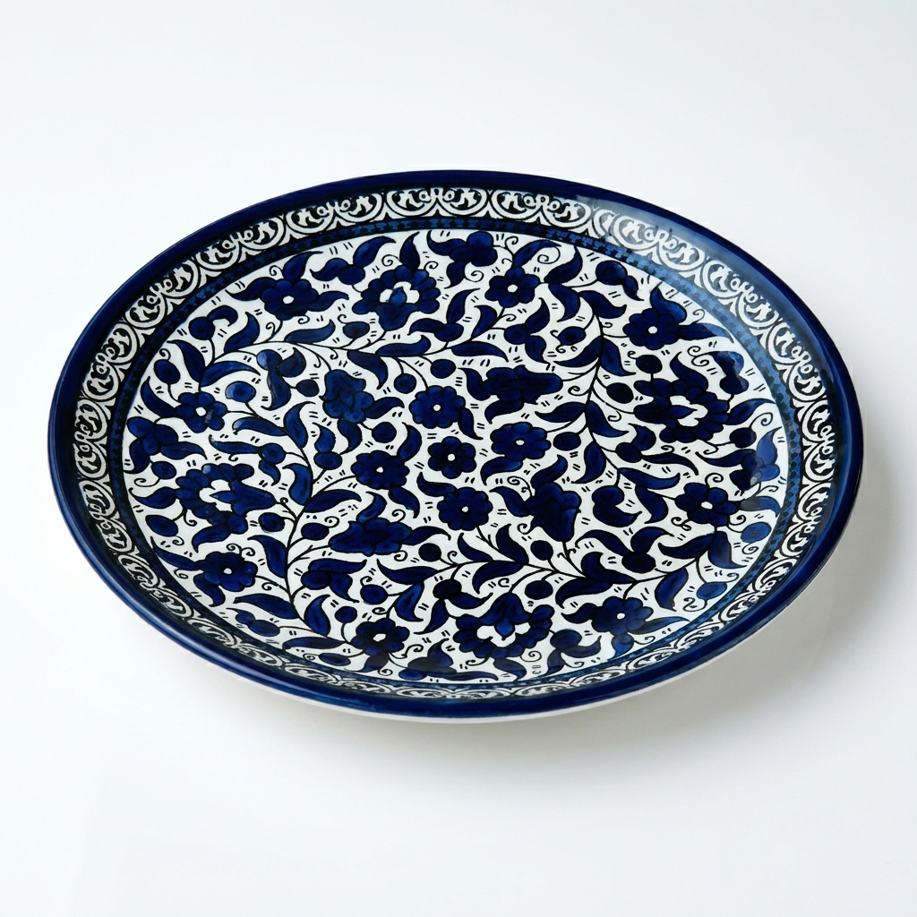 Floral Round Serving Palestinian Ceramic Hebron Navy