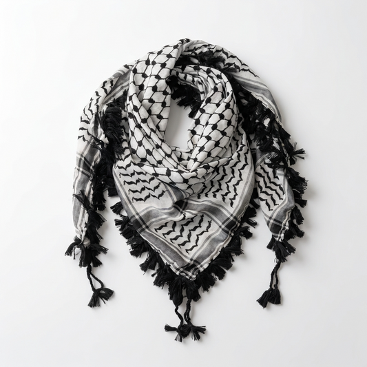 Royal Kufiya – Classic Black & White with Handmade Tassels