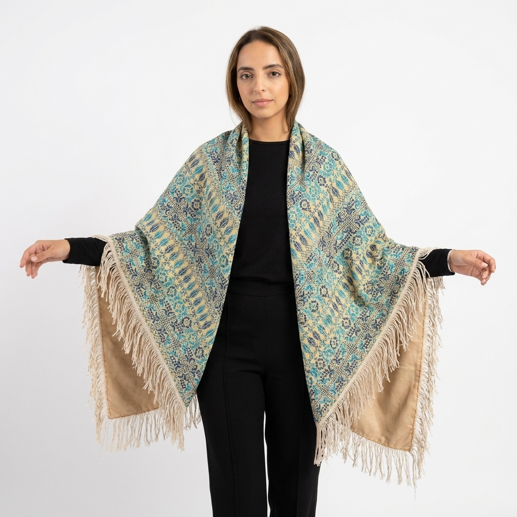 Sama Hand-Stitched Shawl - Turquoise Ivory