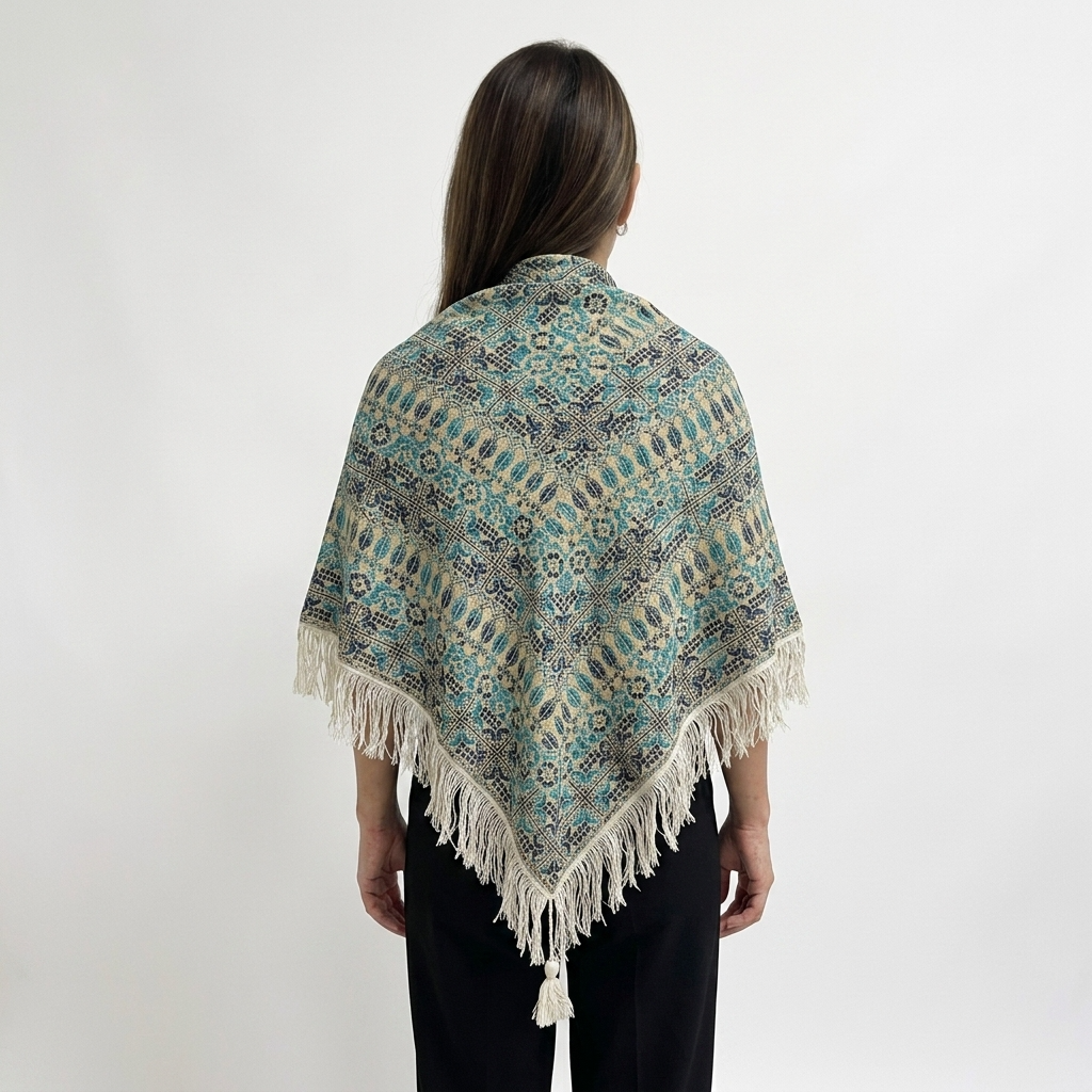 Sama Hand-Stitched Shawl - Turquoise Ivory