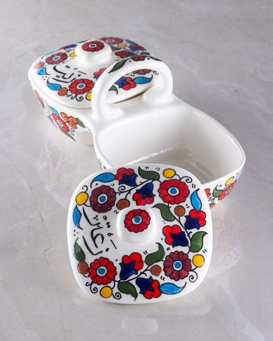 Zait & Zaatar Double Dip - Al-Khalil Multicolored Design - Hand-Painted Palestinian Ceramic