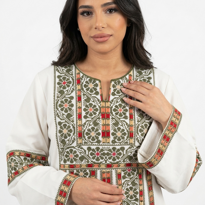 White Palestinian Thobe - Green Tatreez