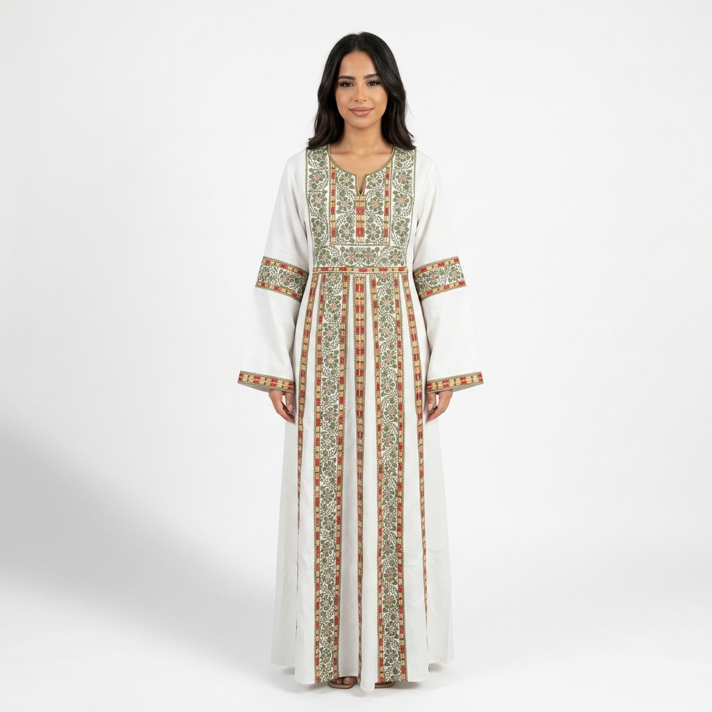 White Palestinian Thobe - Green Tatreez