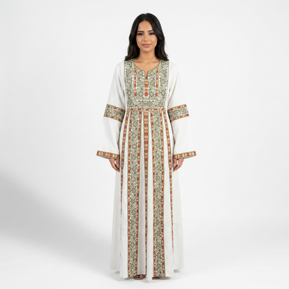 White Palestinian Thobe - Green Tatreez