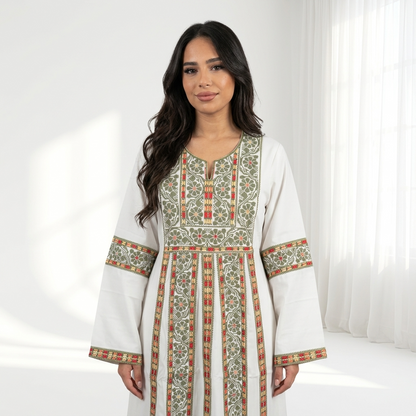 White Palestinian Thobe - Green Tatreez