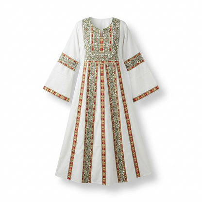 White Palestinian Thobe - Green Tatreez