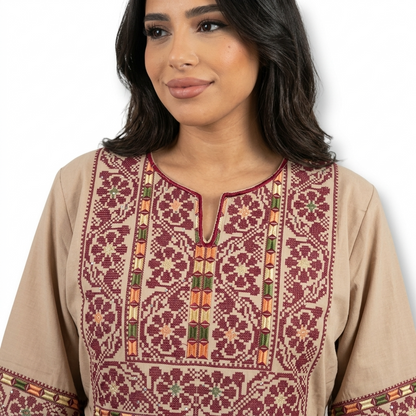 Beige Palestinian Thobe - Maroon Tatreez