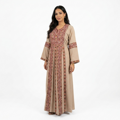 Beige Palestinian Thobe - Maroon Tatreez