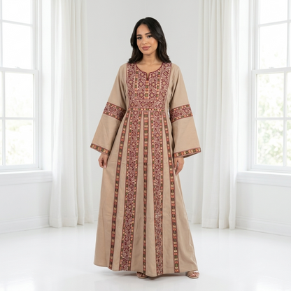 Beige Palestinian Thobe - Maroon Tatreez