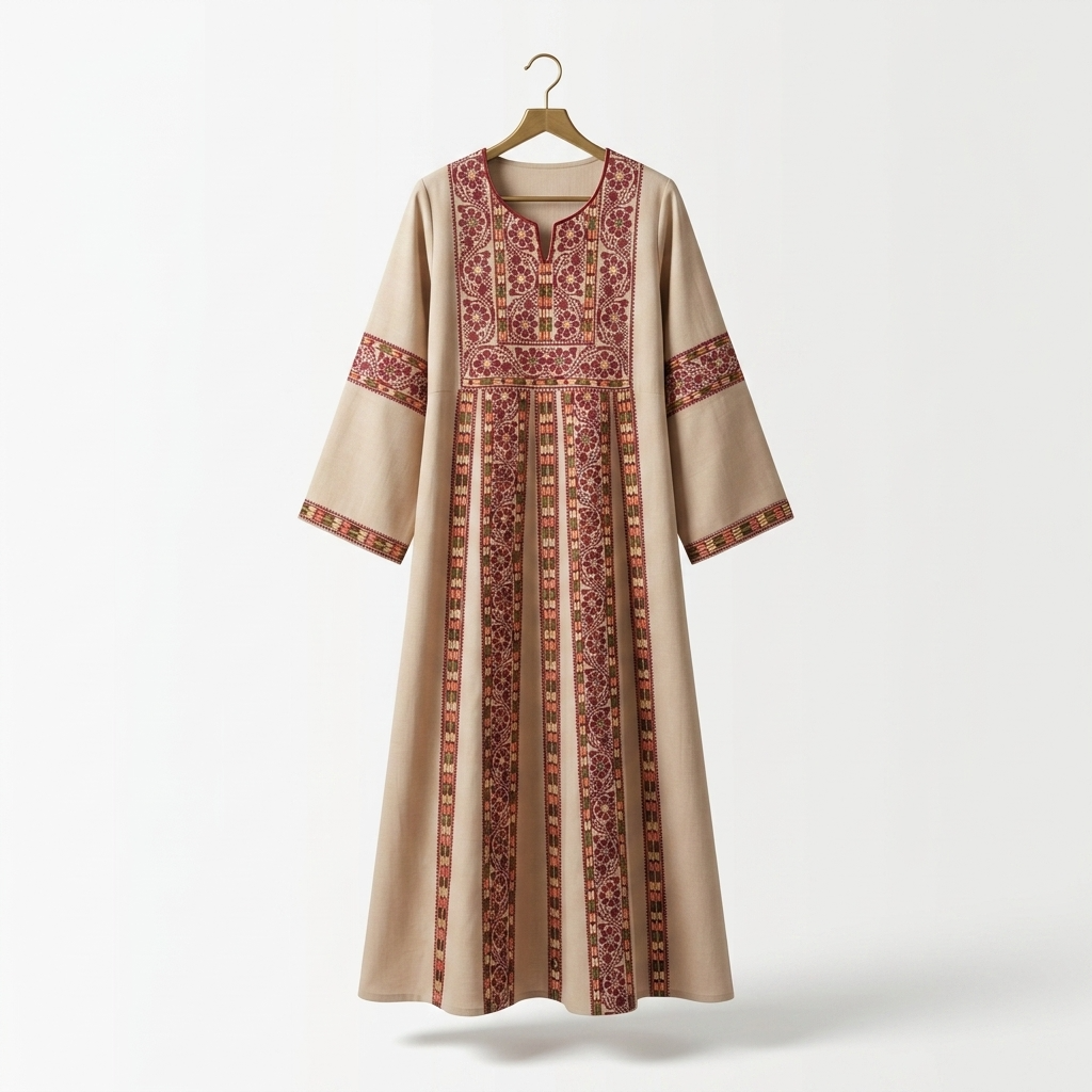 Beige Palestinian Thobe - Maroon Tatreez