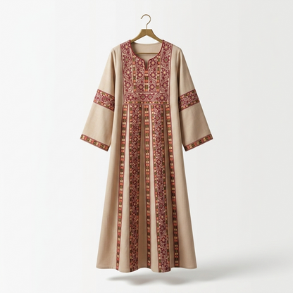 Beige Palestinian Thobe - Maroon Tatreez