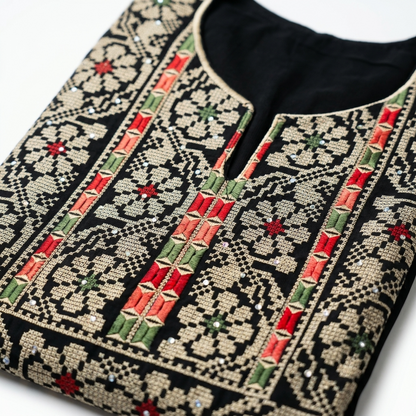 Black Palestinian Thobe - Beige Tatreez