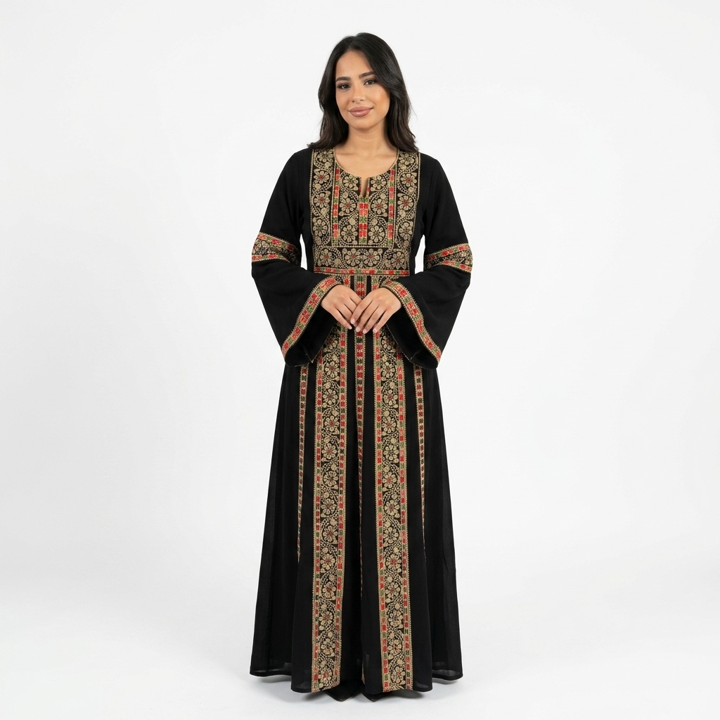Black Palestinian Thobe - Beige Tatreez