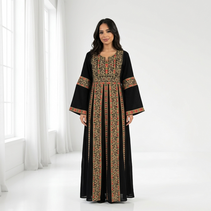 Black Palestinian Thobe - Beige Tatreez