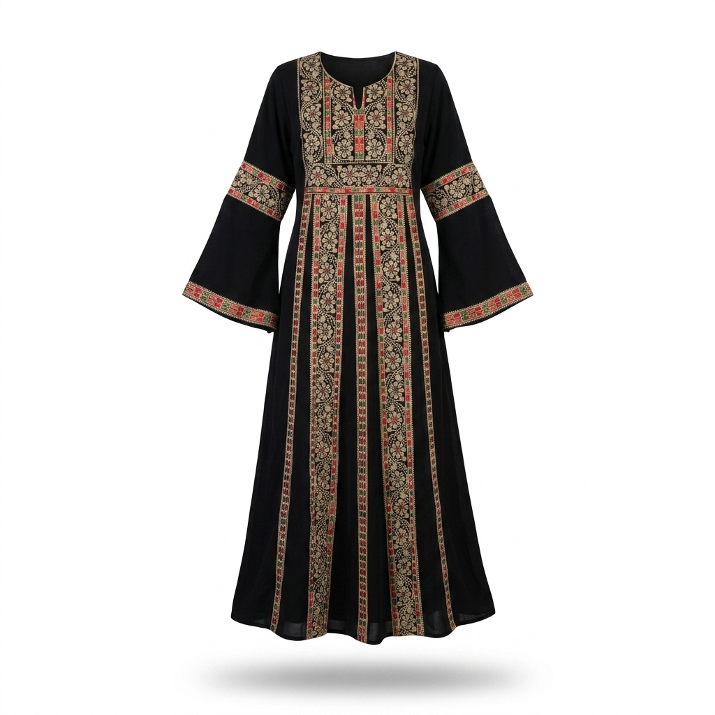 Black Palestinian Thobe - Beige Tatreez