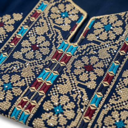 Navy Palestinian Thobe - Beige Tatreez