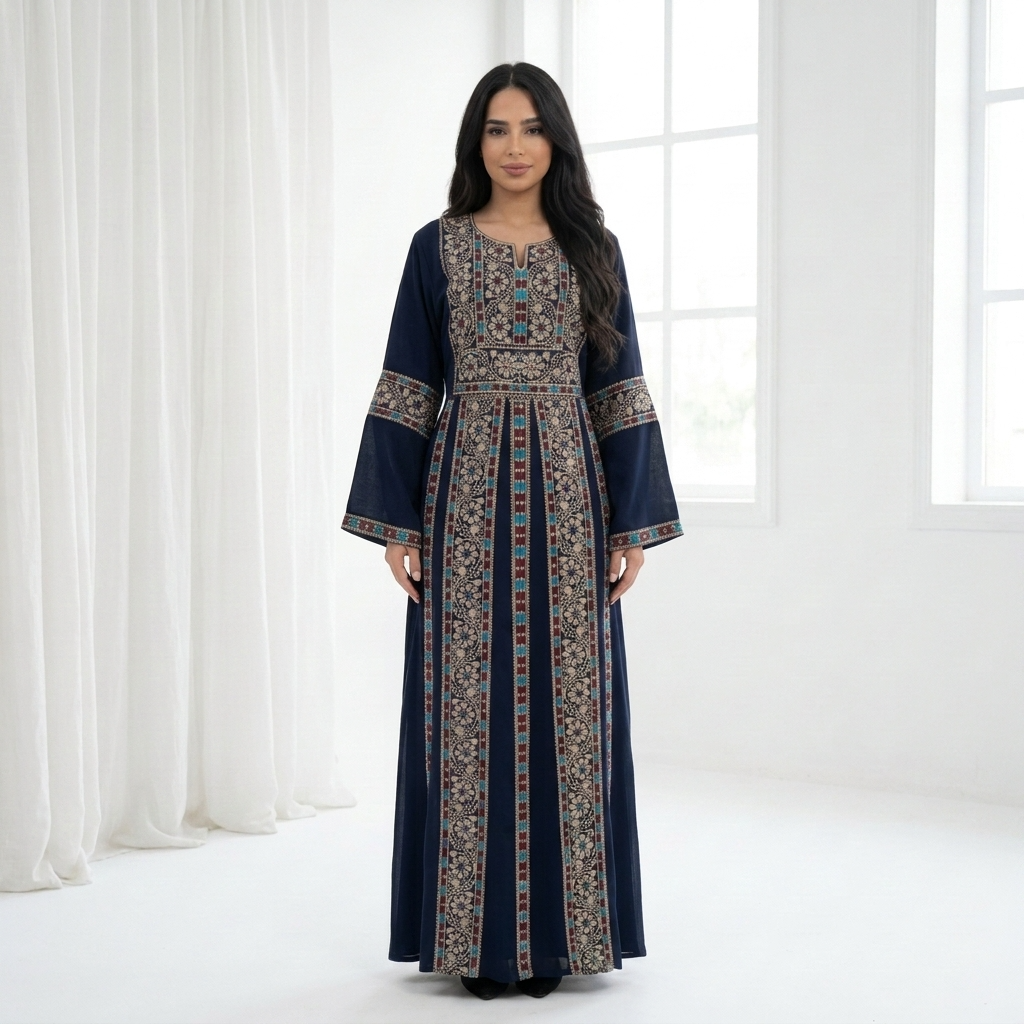 Navy Palestinian Thobe - Beige Tatreez