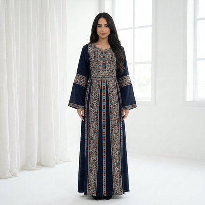 Navy Palestinian Thobe - Beige Tatreez