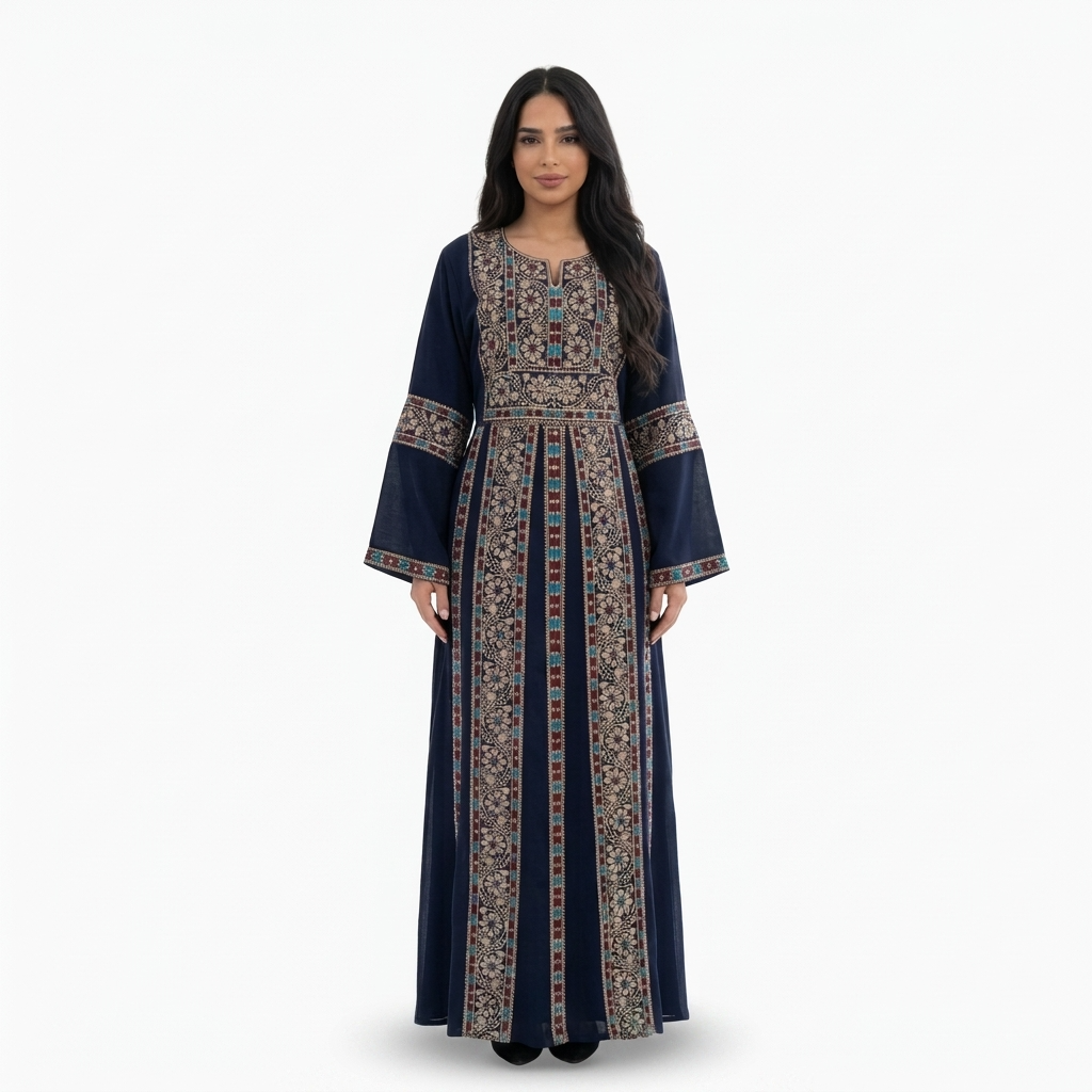 Navy Palestinian Thobe - Beige Tatreez
