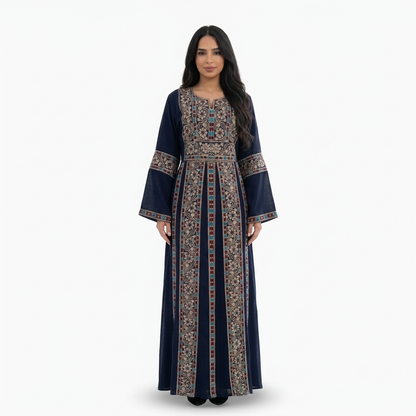 Navy Palestinian Thobe - Beige Tatreez