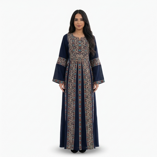 Navy Palestinian Thobe - Beige Tatreez