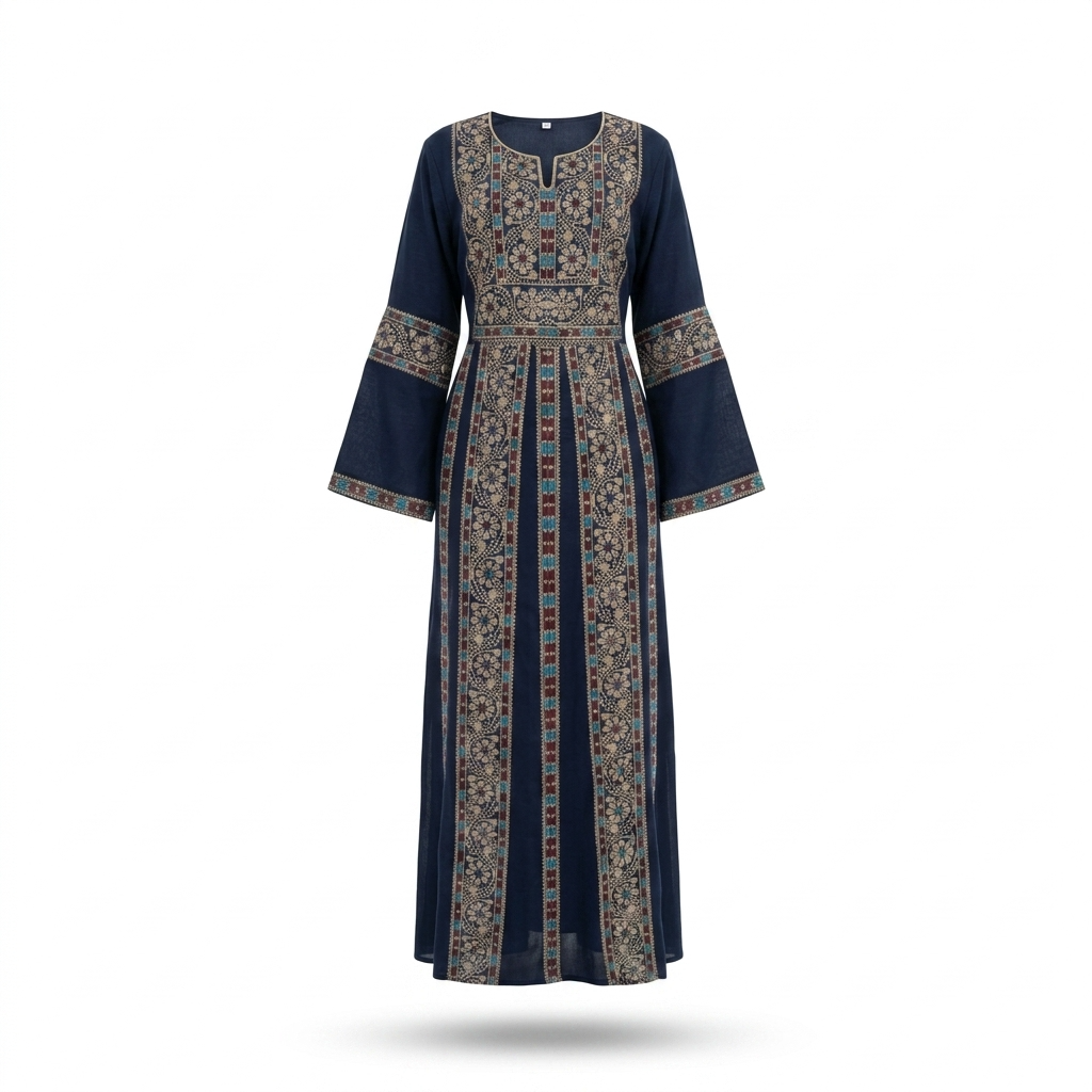 Navy Palestinian Thobe - Beige Tatreez