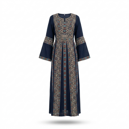 Navy Palestinian Thobe - Beige Tatreez