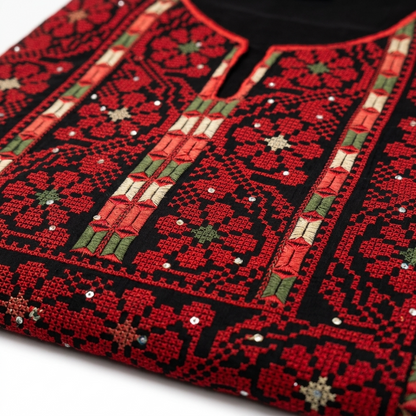 Black Palestinian Thobe - Red Tatreez