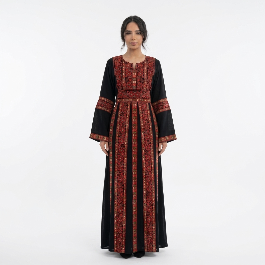 Black Palestinian Thobe - Red Tatreez
