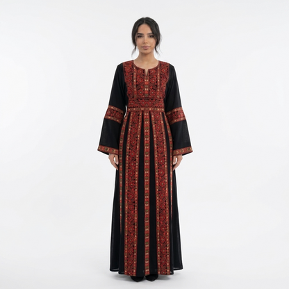 Black Palestinian Thobe - Red Tatreez