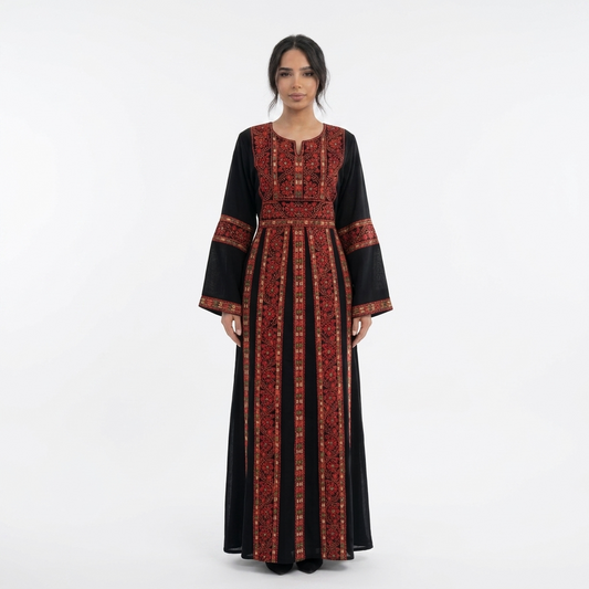 Black Palestinian Thobe - Red Tatreez