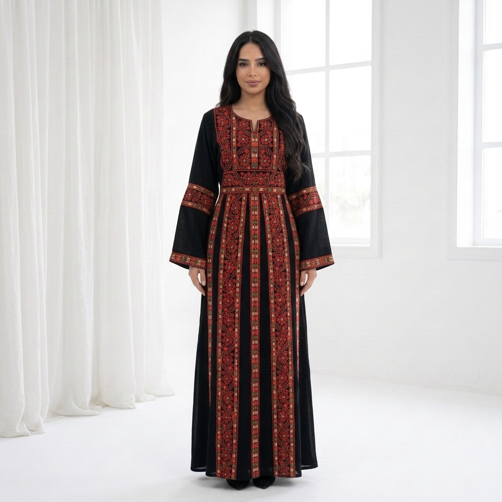 Black Palestinian Thobe - Red Tatreez