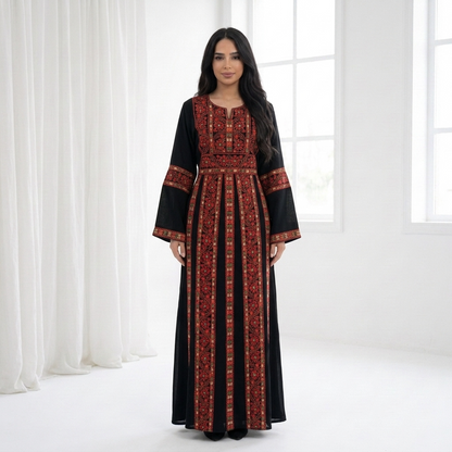 Black Palestinian Thobe - Red Tatreez