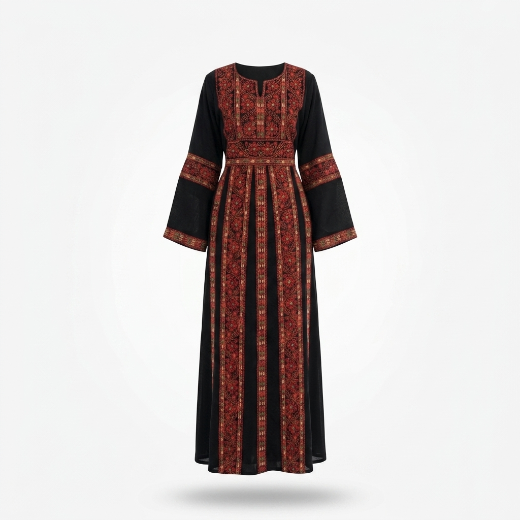 Black Palestinian Thobe - Red Tatreez
