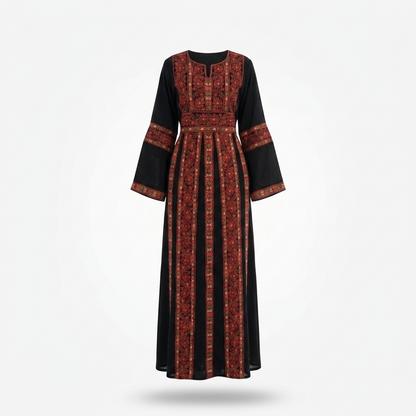 Black Palestinian Thobe - Red Tatreez