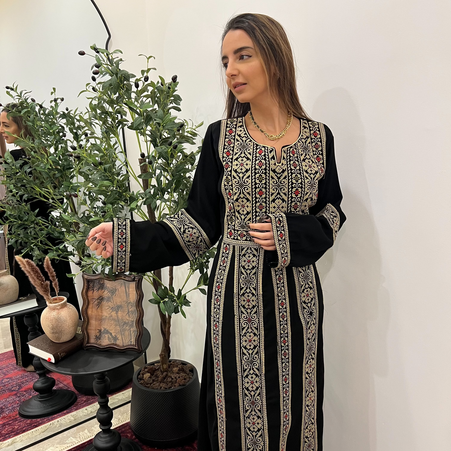 Palestinian Thobe Traditional Dress | Black with Gold Tatreez Embroidery for Adults