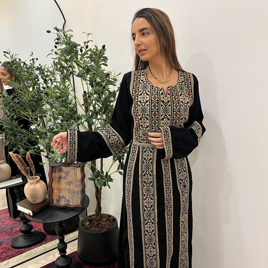 Palestinian Thobe Traditional Dress | Black with Gold Tatreez Embroidery for Adults